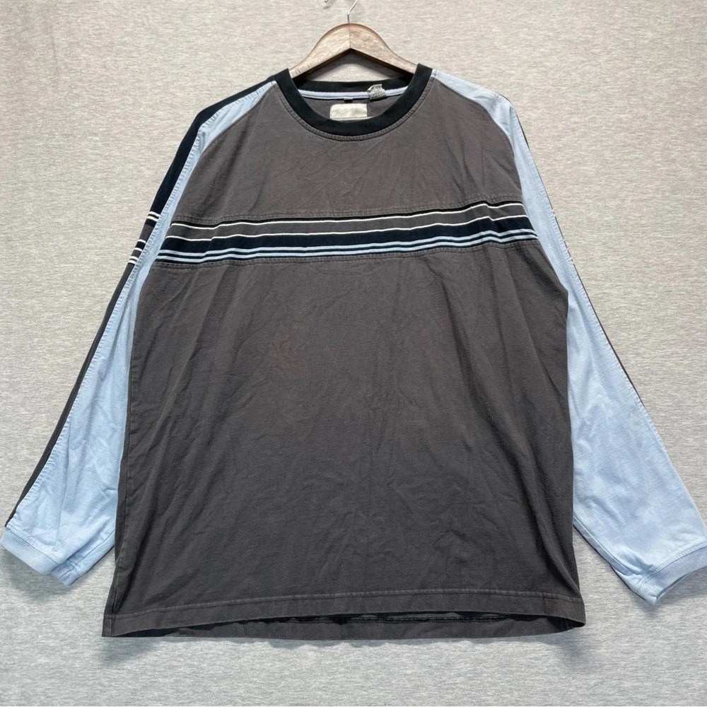 Vintage Point Zero Long Sleeve Shirt Mens XL Gray Blue Horizontal Stripes Cotton